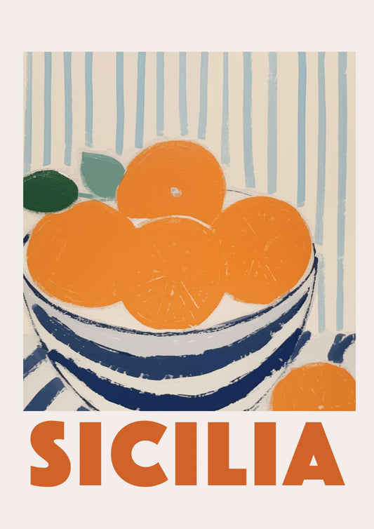 a painting of a bowl of oranges on a striped tablecloth
