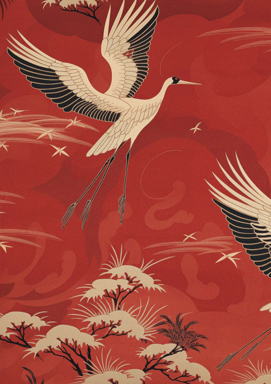 two white birds flying over a red background