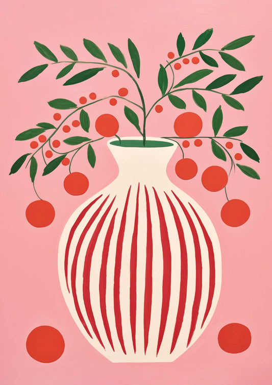 a painting of a vase with berries on a pink background