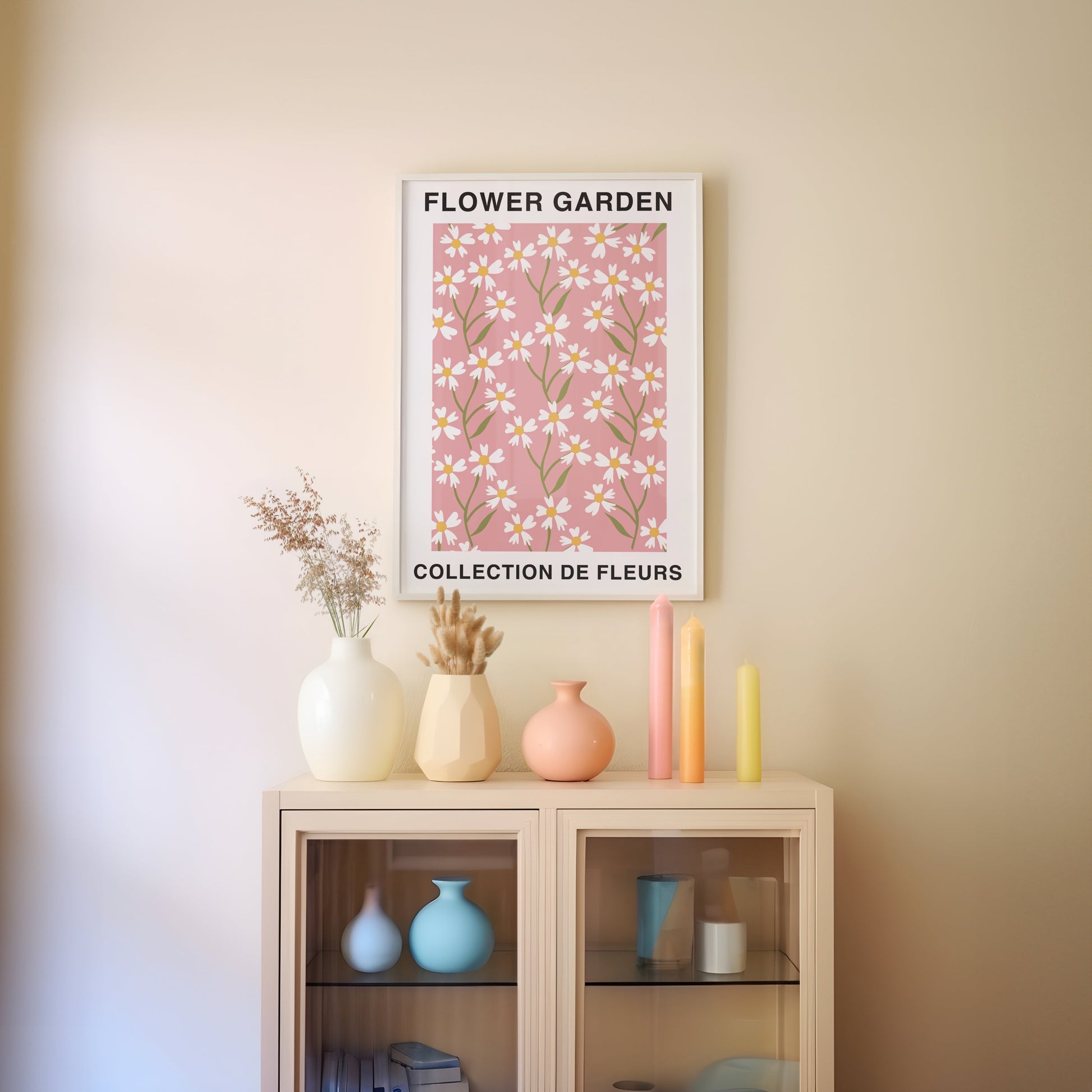 a picture of a flower garden on a shelf