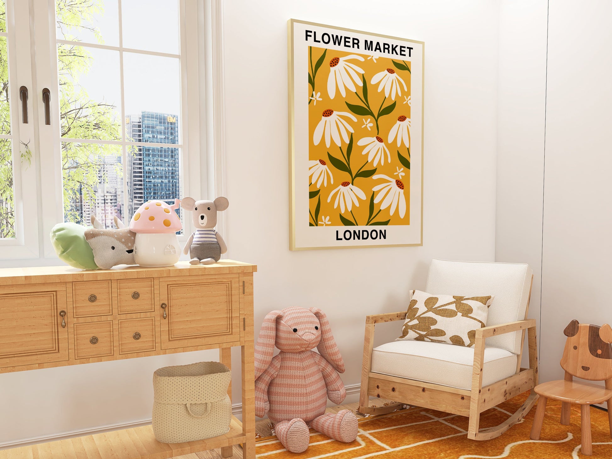 a child's room with a rocking chair and a poster on the wall