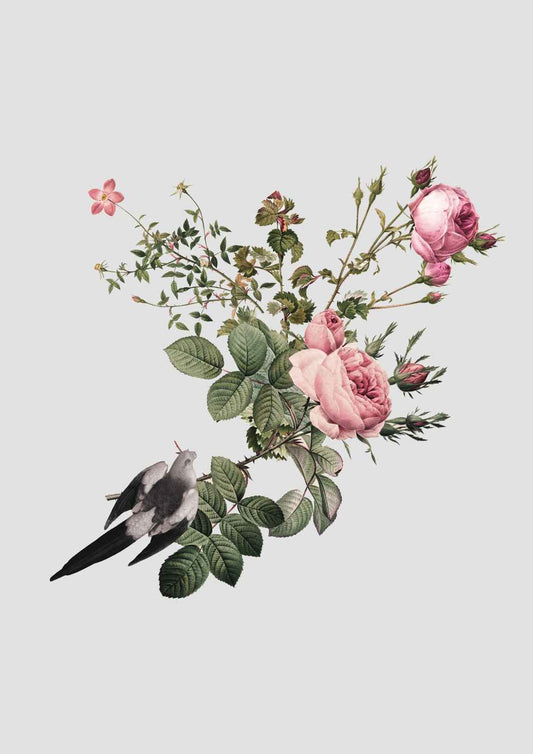 Flowers and Bird Vintage Collage Art Print