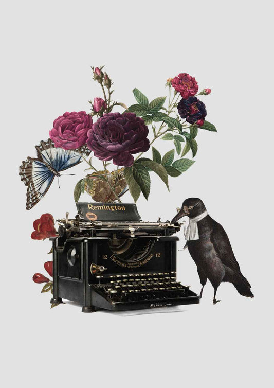 Flowers and Typewriter Vintage Collage Art Print