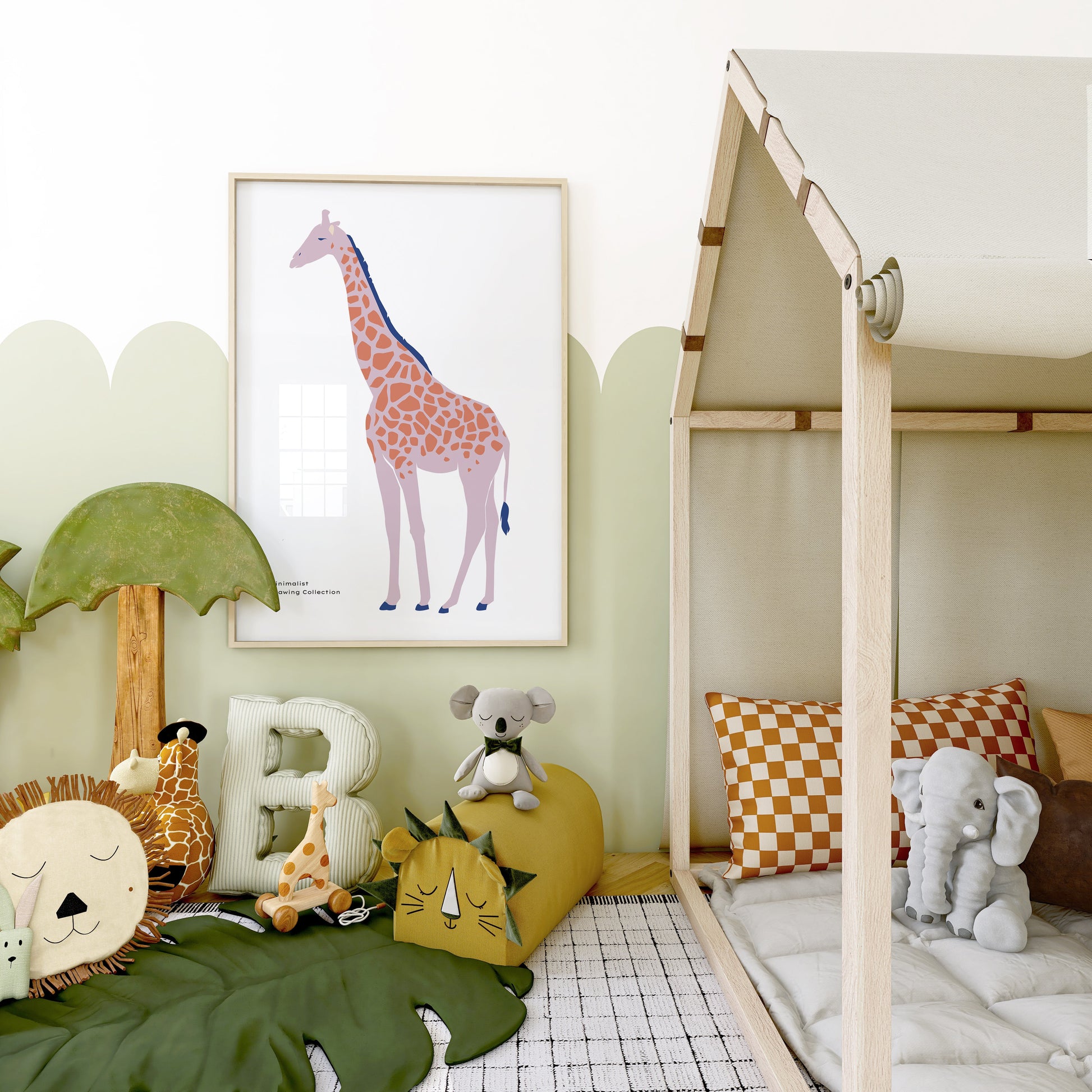 a child's bedroom with a giraffe print on the wall