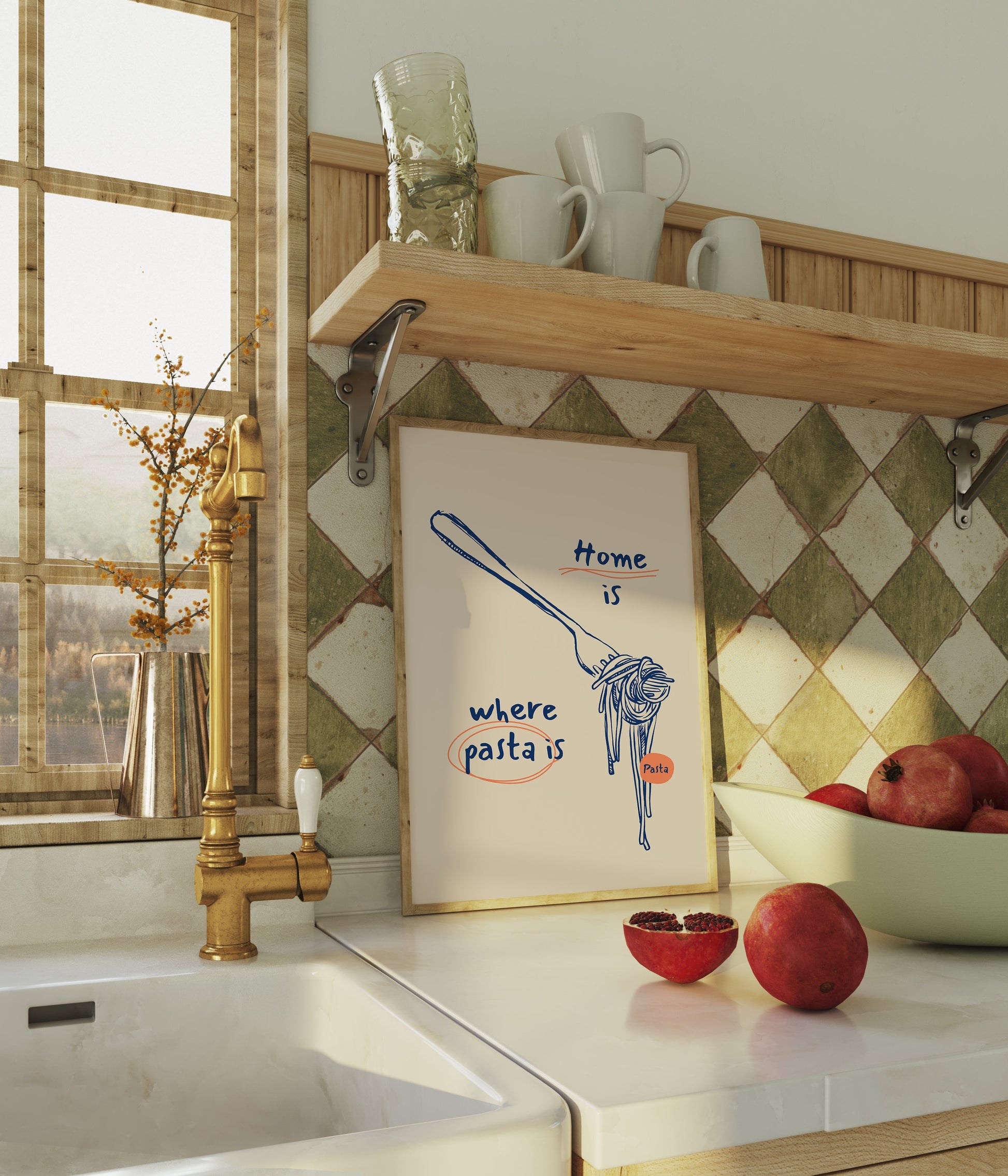 a picture of a kitchen with apples and a bowl of apples
