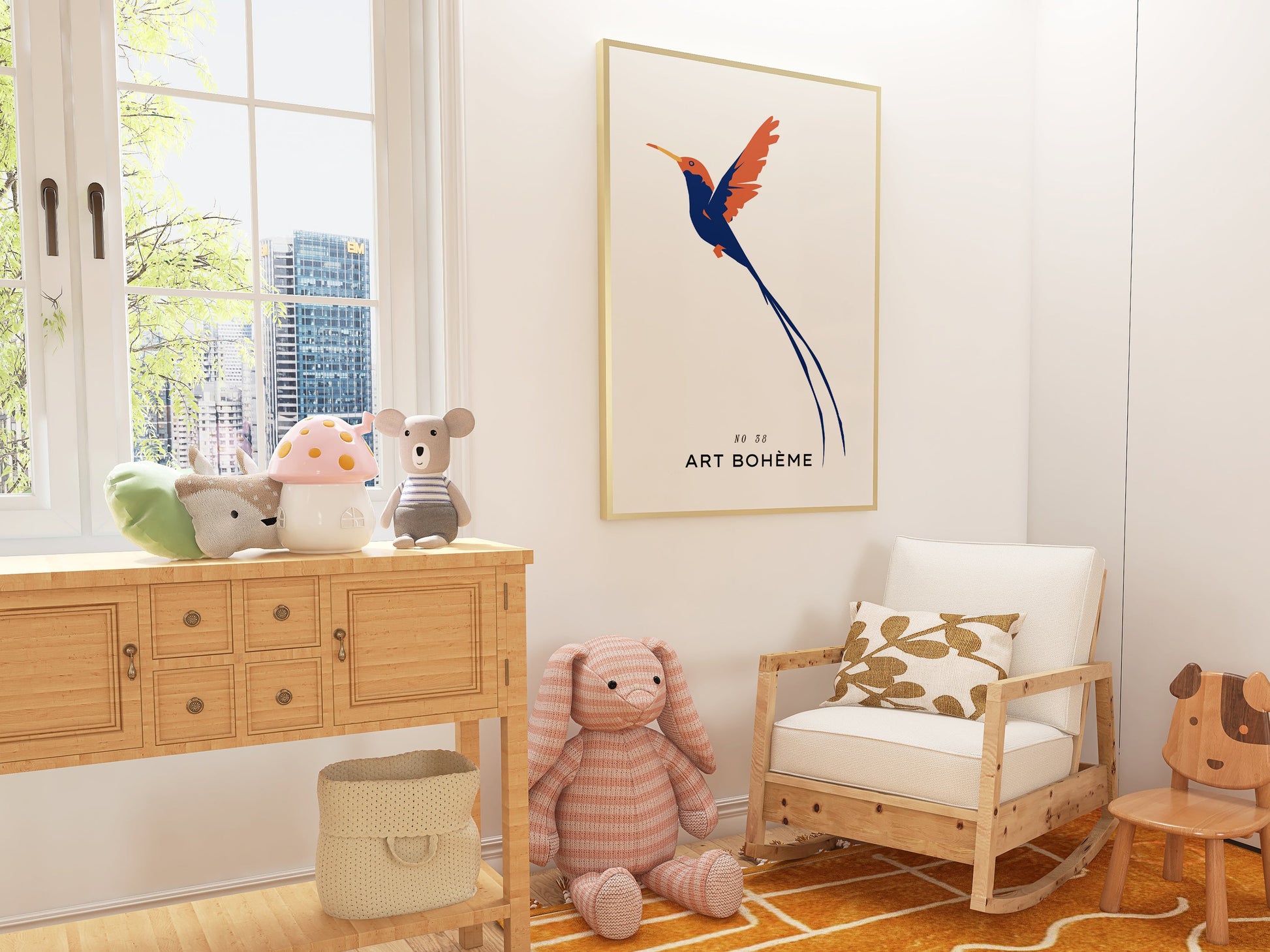 a child's room with a rocking chair and a painting on the wall