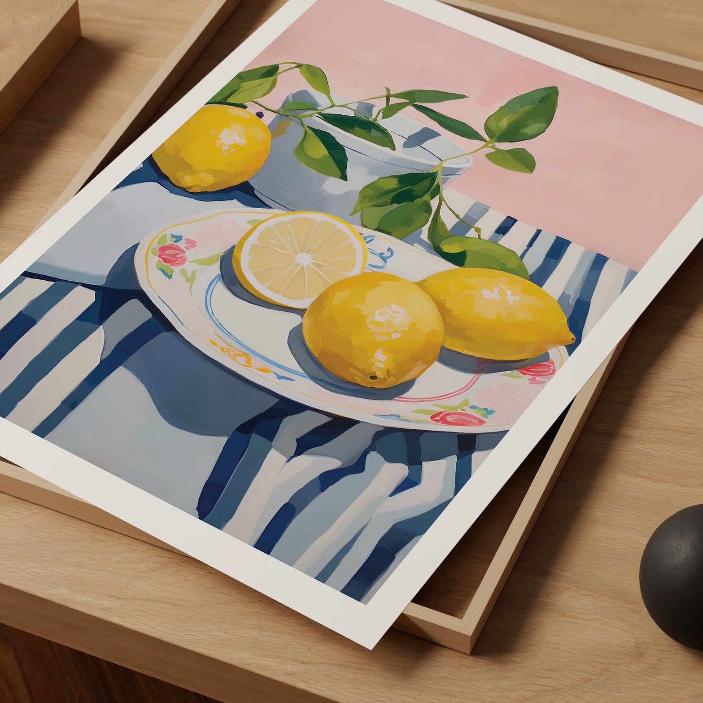 a painting of lemons on a plate on a table