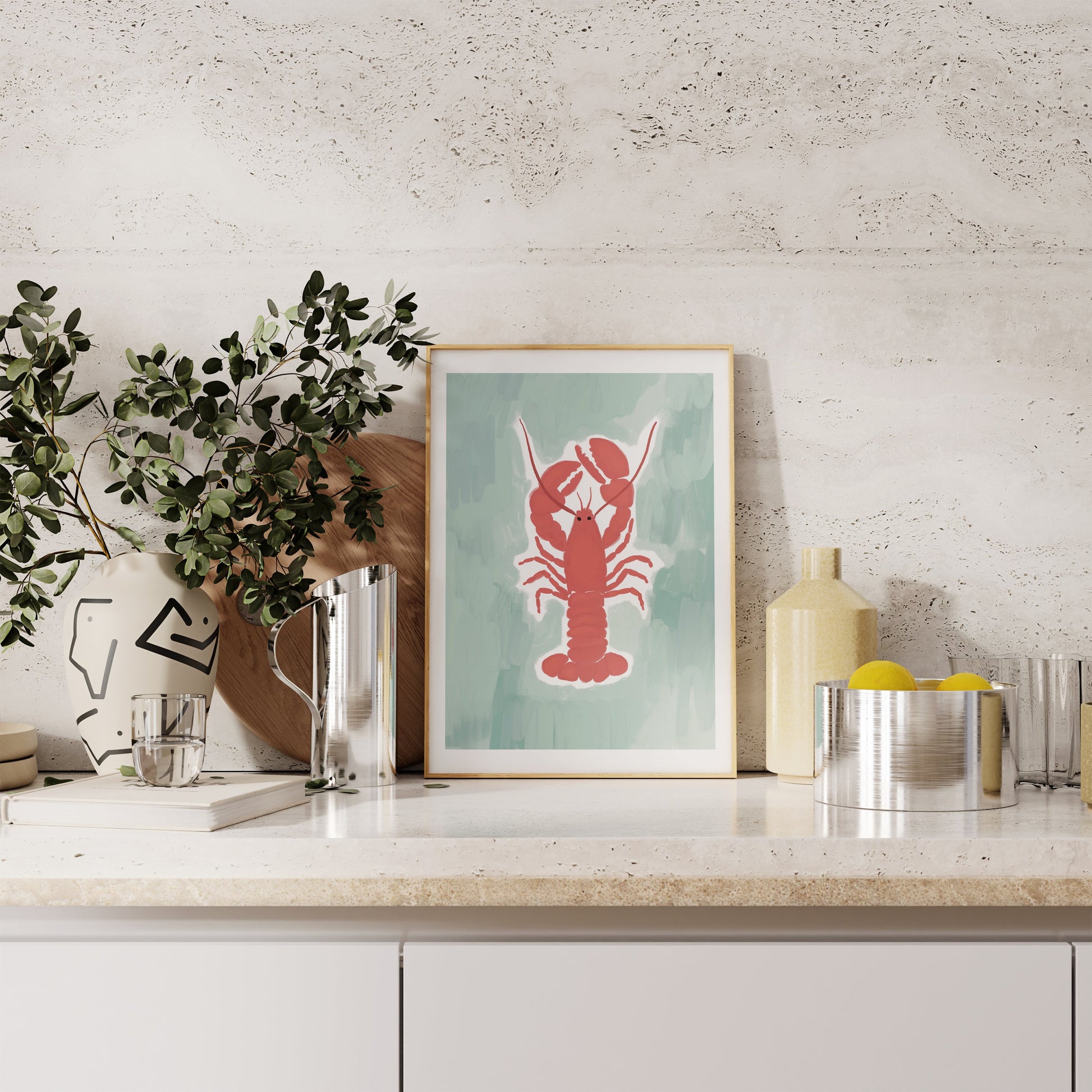 a picture of a lobster on a wall above a counter