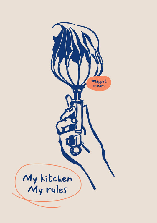 a drawing of a hand holding a blender with the words my kitchen my rules