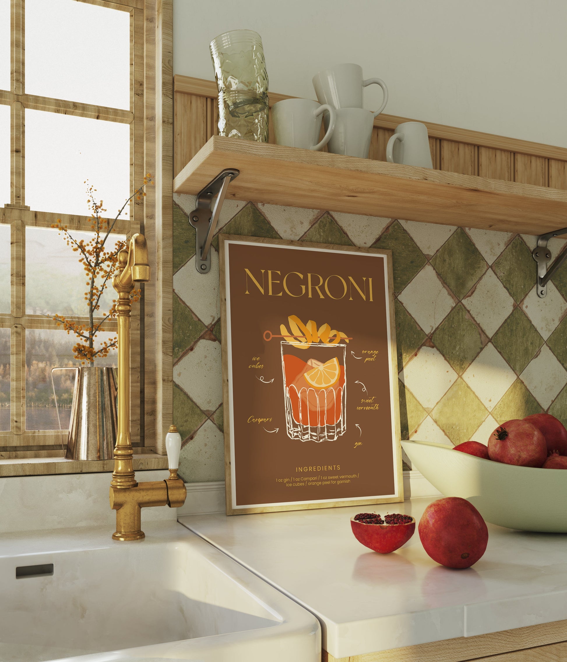 a kitchen with a sink and a poster on the wall
