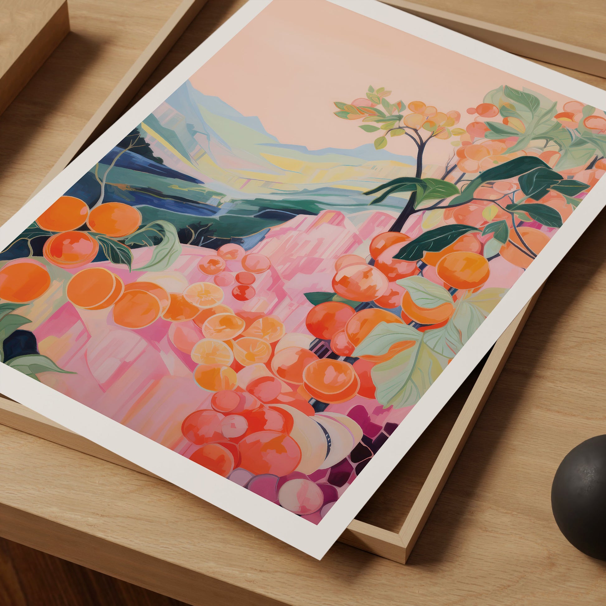 a painting of oranges on a table next to a computer mouse