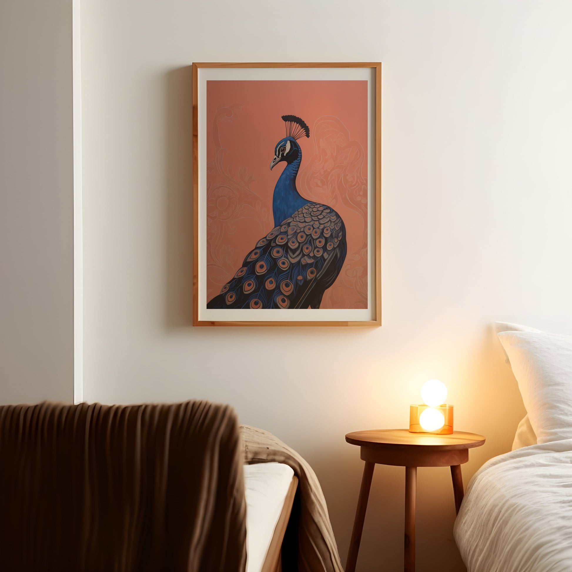 a picture of a peacock on a wall above a bed