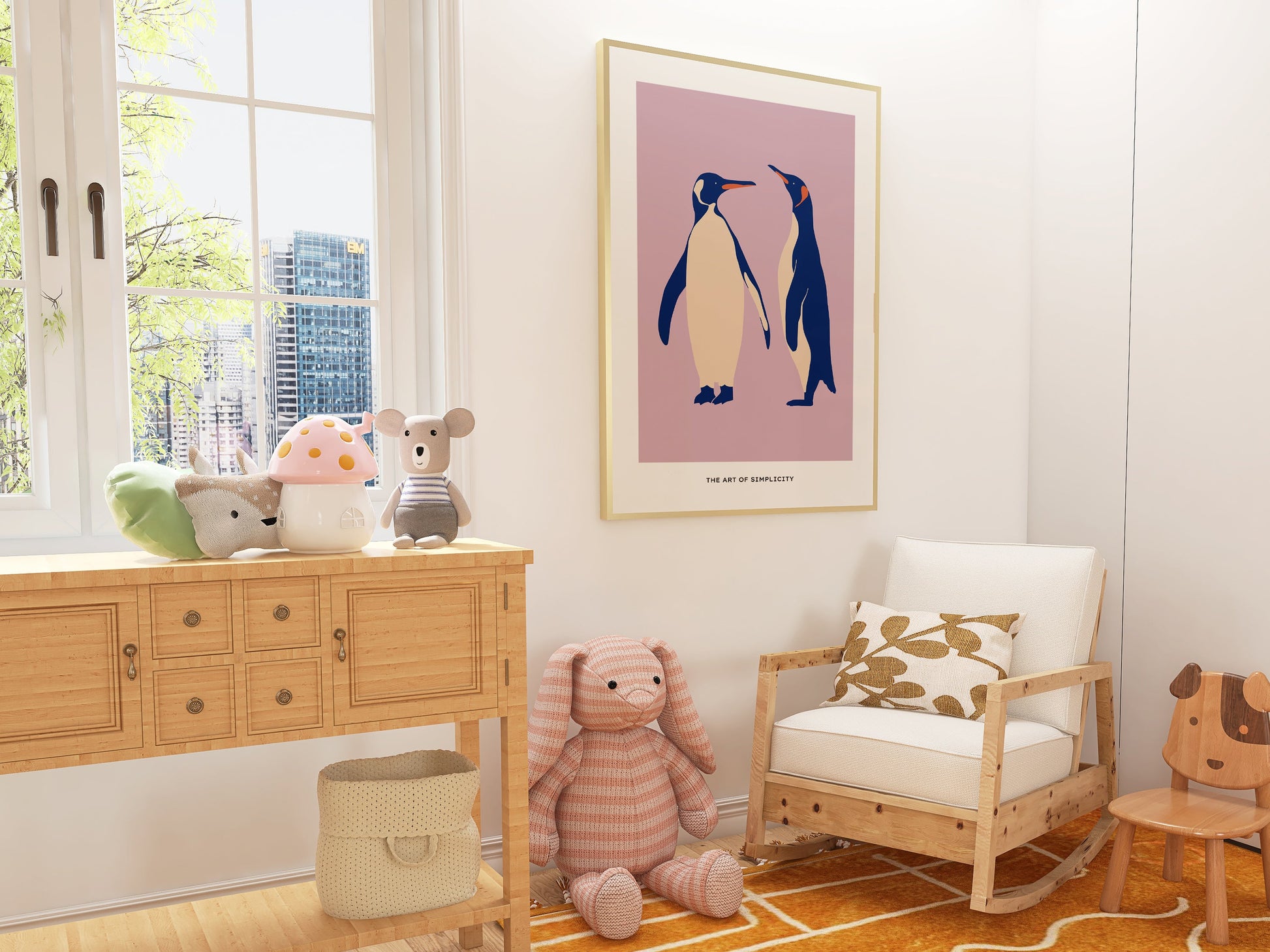 a child's room with a rocking chair and a penguin poster