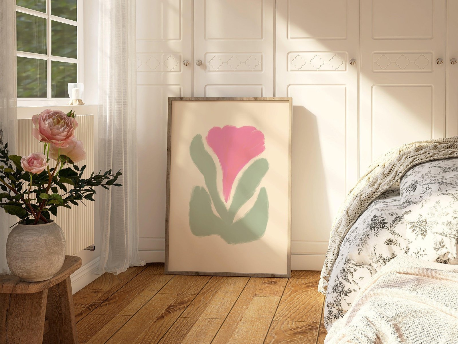 Pink & Green Abstract Flower Art Print-Skudaboo