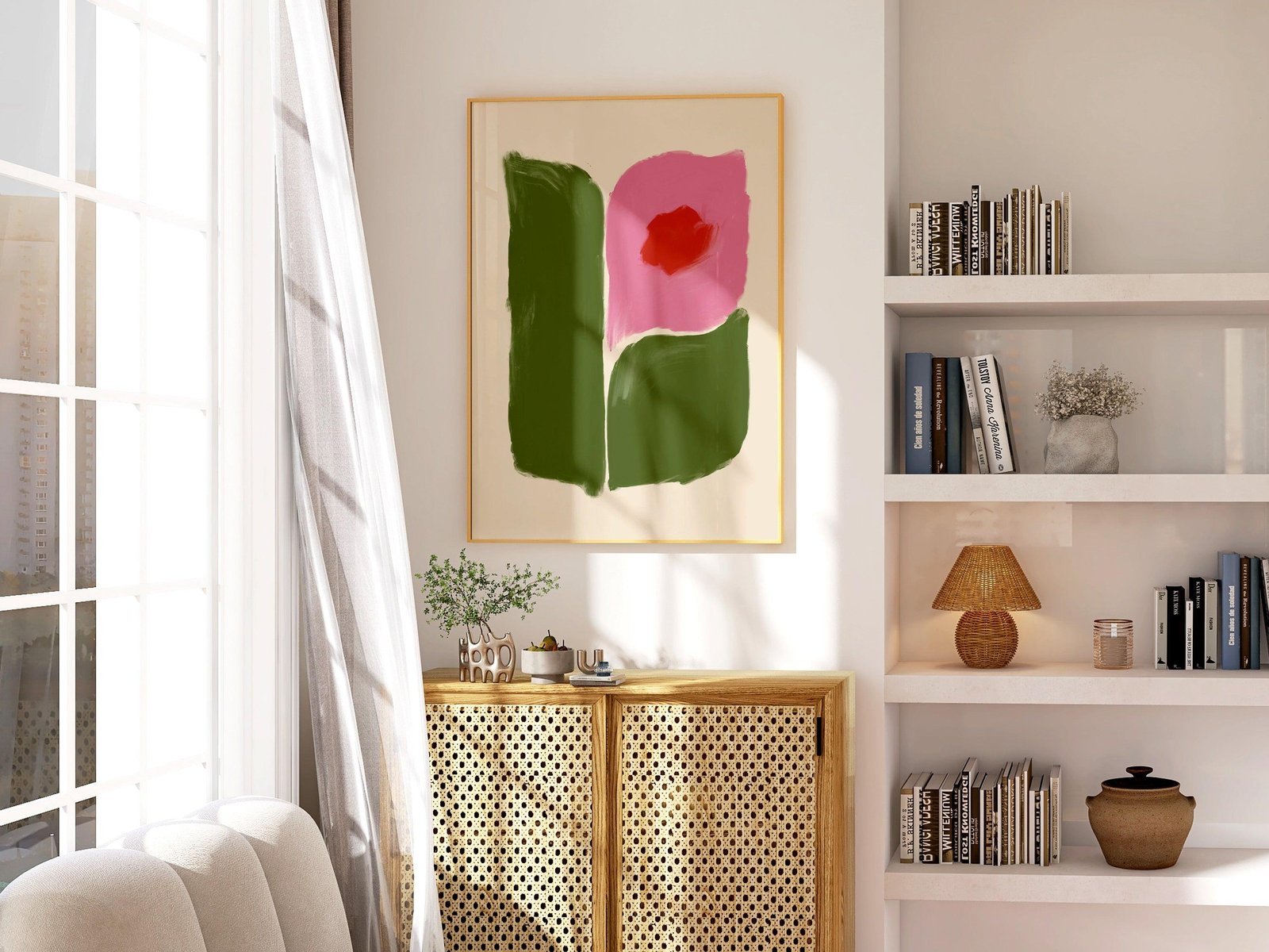 Pink & Green Abstract Flower Art Print-Skudaboo