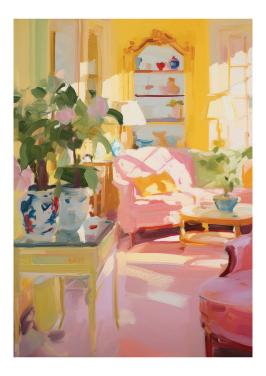 a painting of a living room filled with furniture