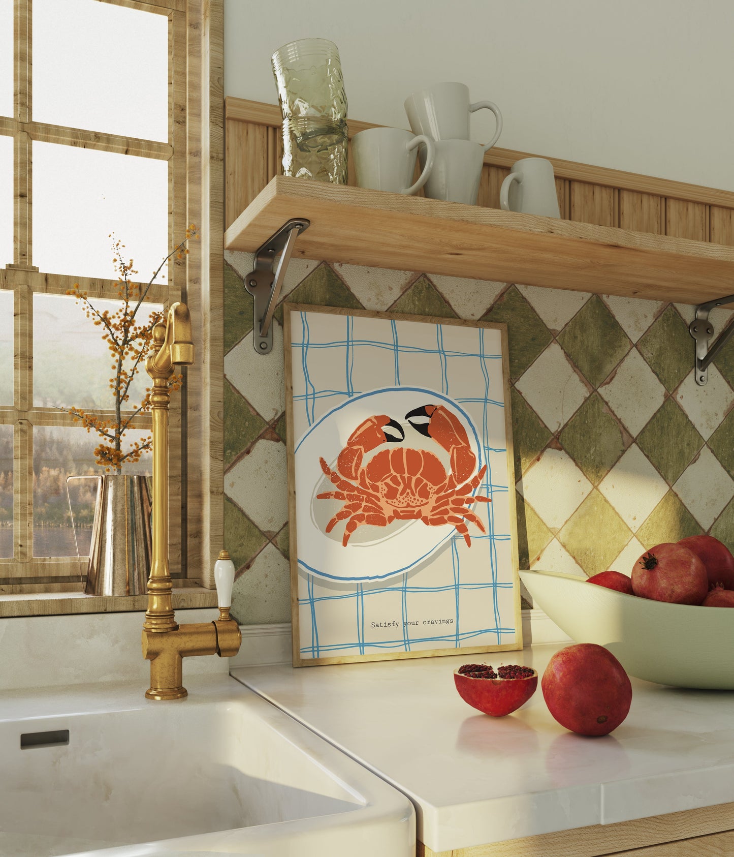 a picture of a crab and apples on a kitchen counter
