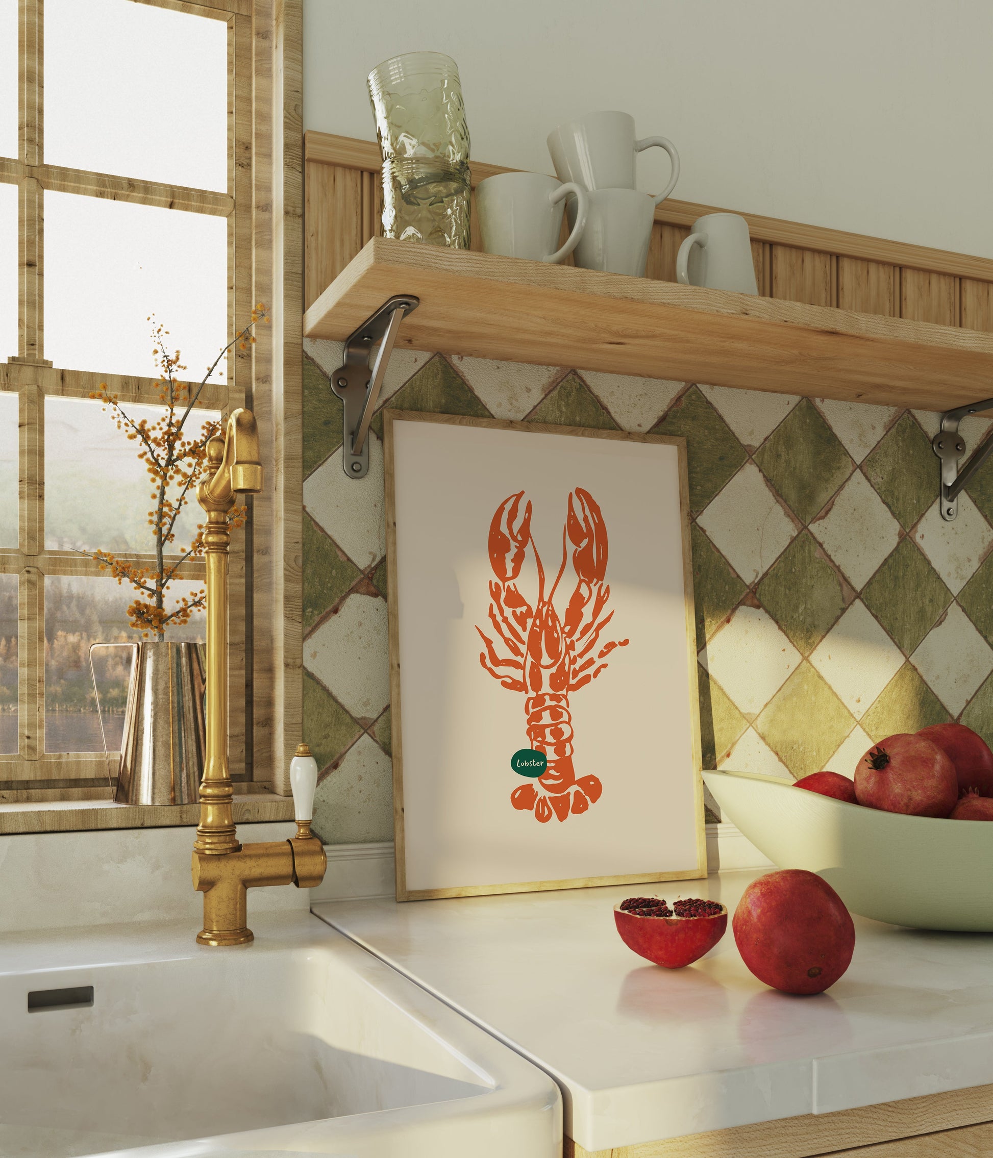 a picture of a lobster on a kitchen counter