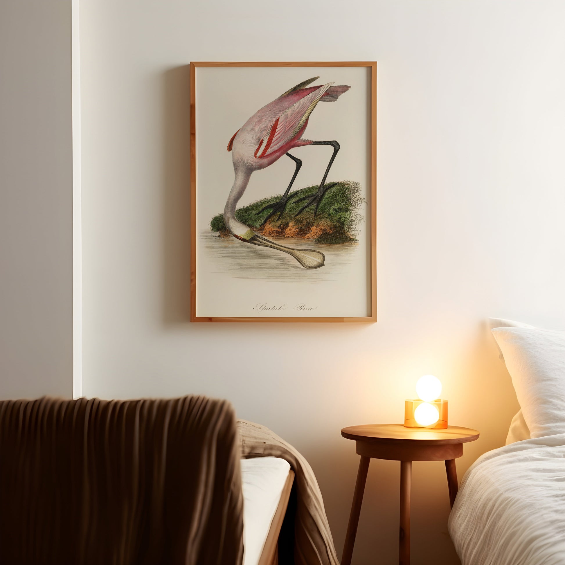 a picture of a bird on a wall above a bed