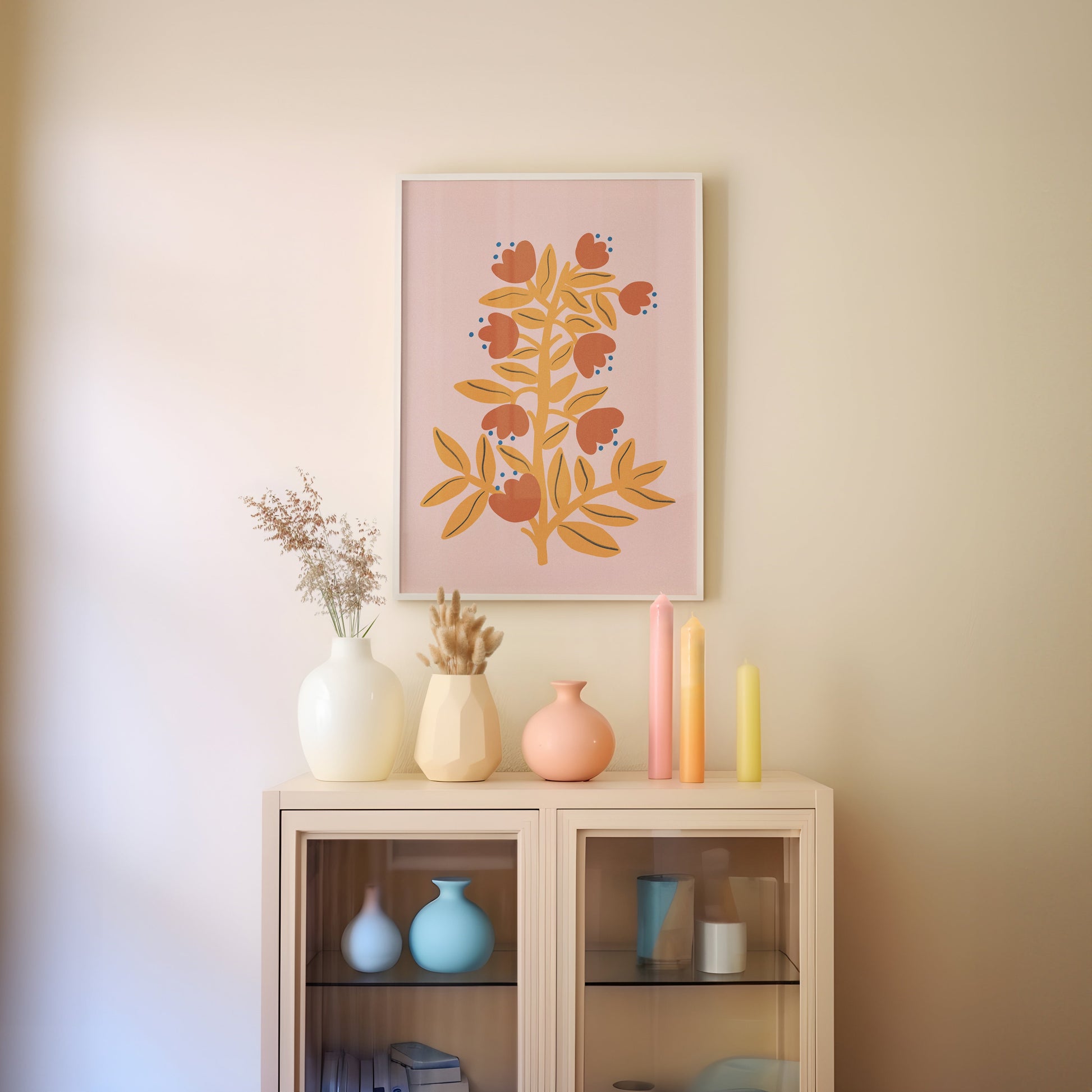 a shelf with vases and a painting on top of it