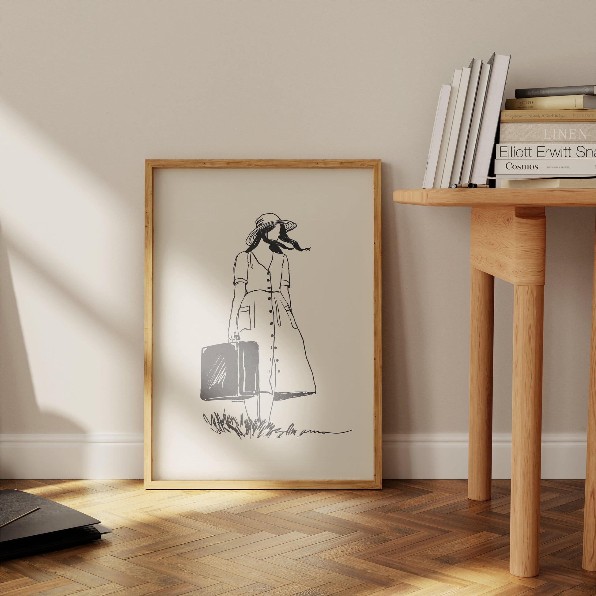 a picture of a woman with a suitcase in a room