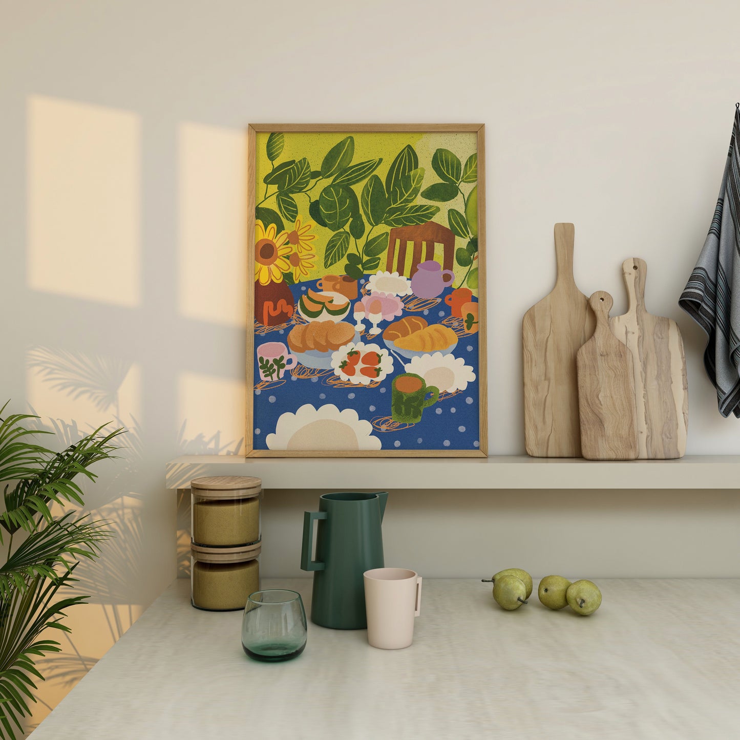 a painting on a shelf next to a couple of vases