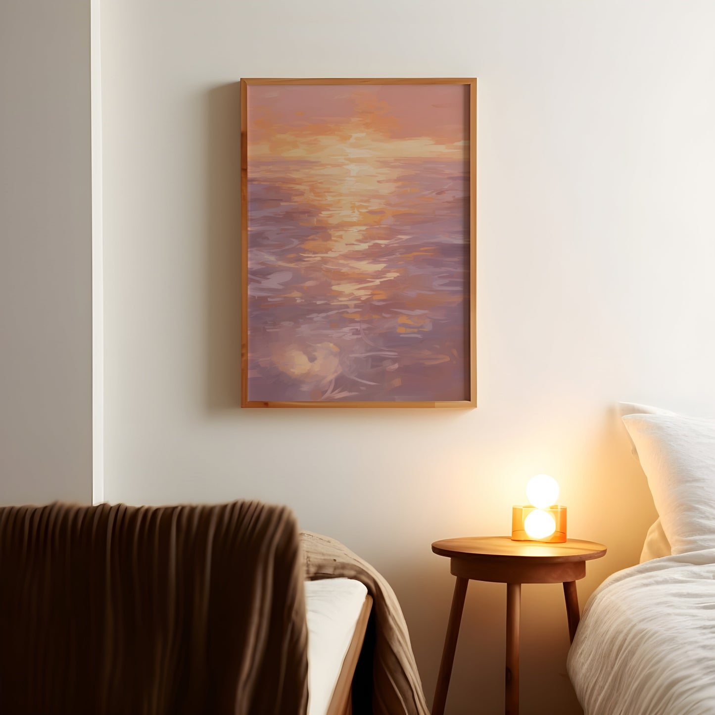 a painting hanging on a wall next to a bed