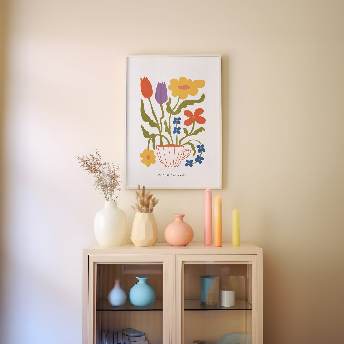 a shelf with vases and a painting on top of it