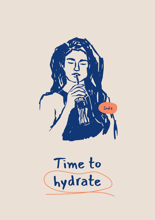 a drawing of a woman holding a glass of water
