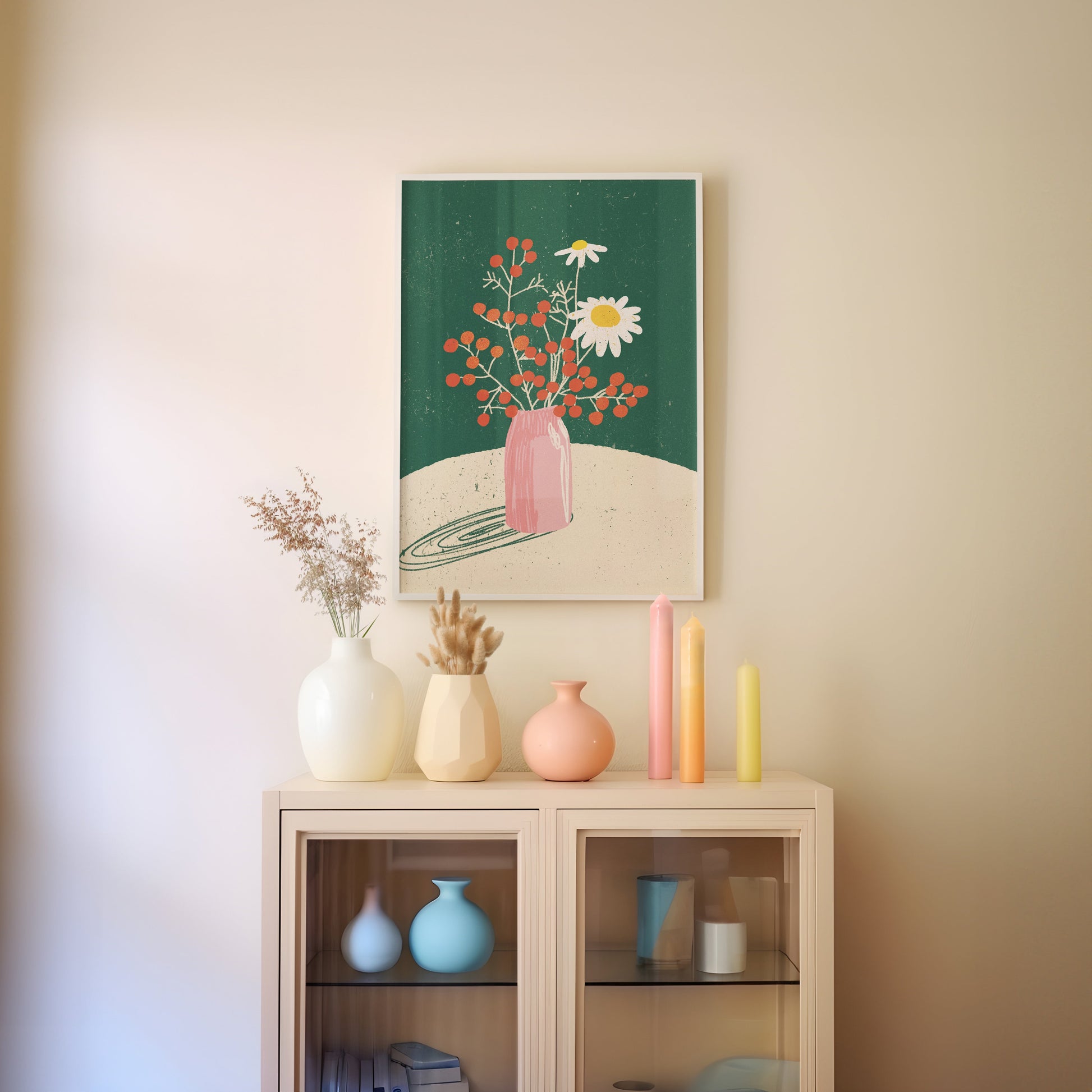 a shelf with vases and a painting on it