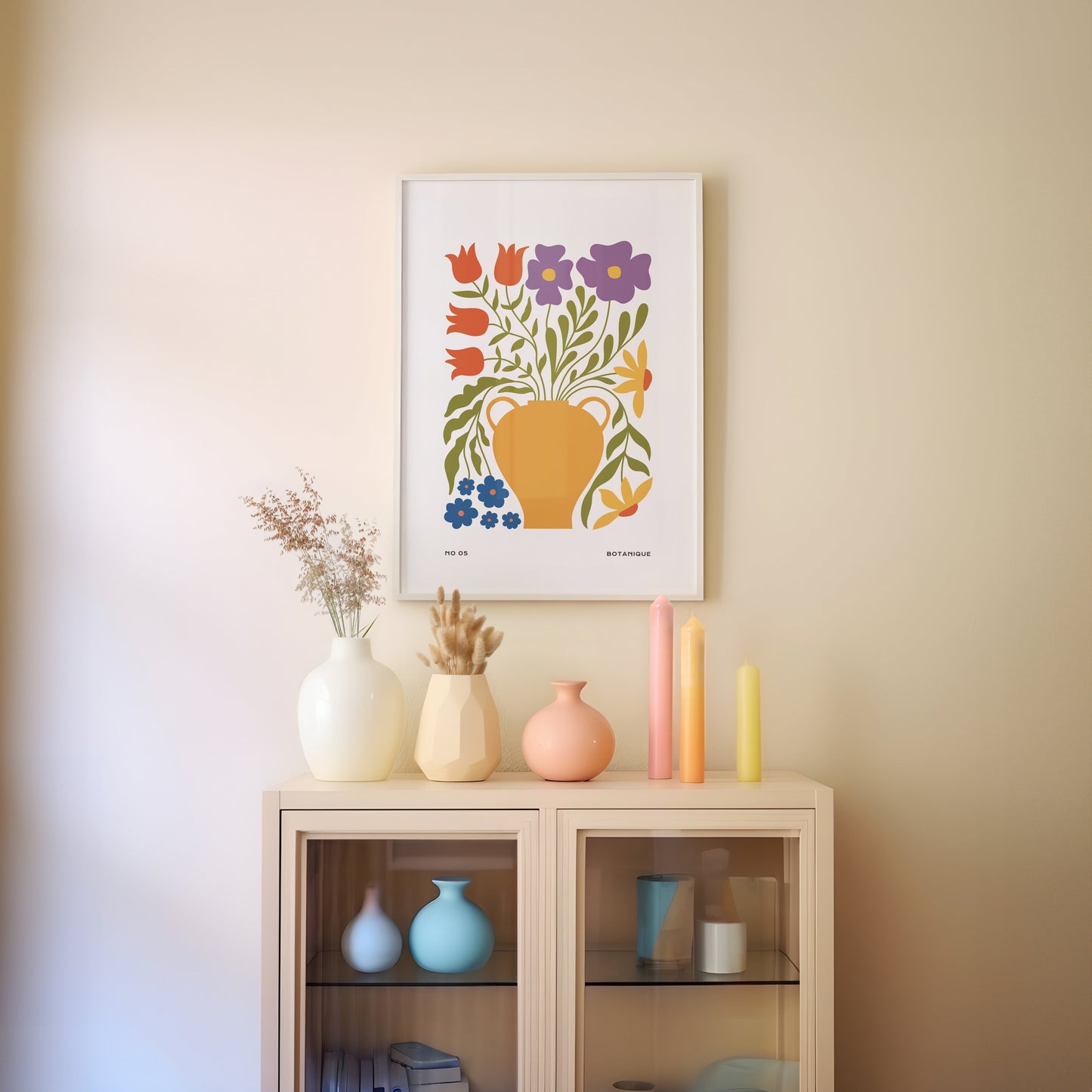 a picture of a vase with flowers on top of a shelf