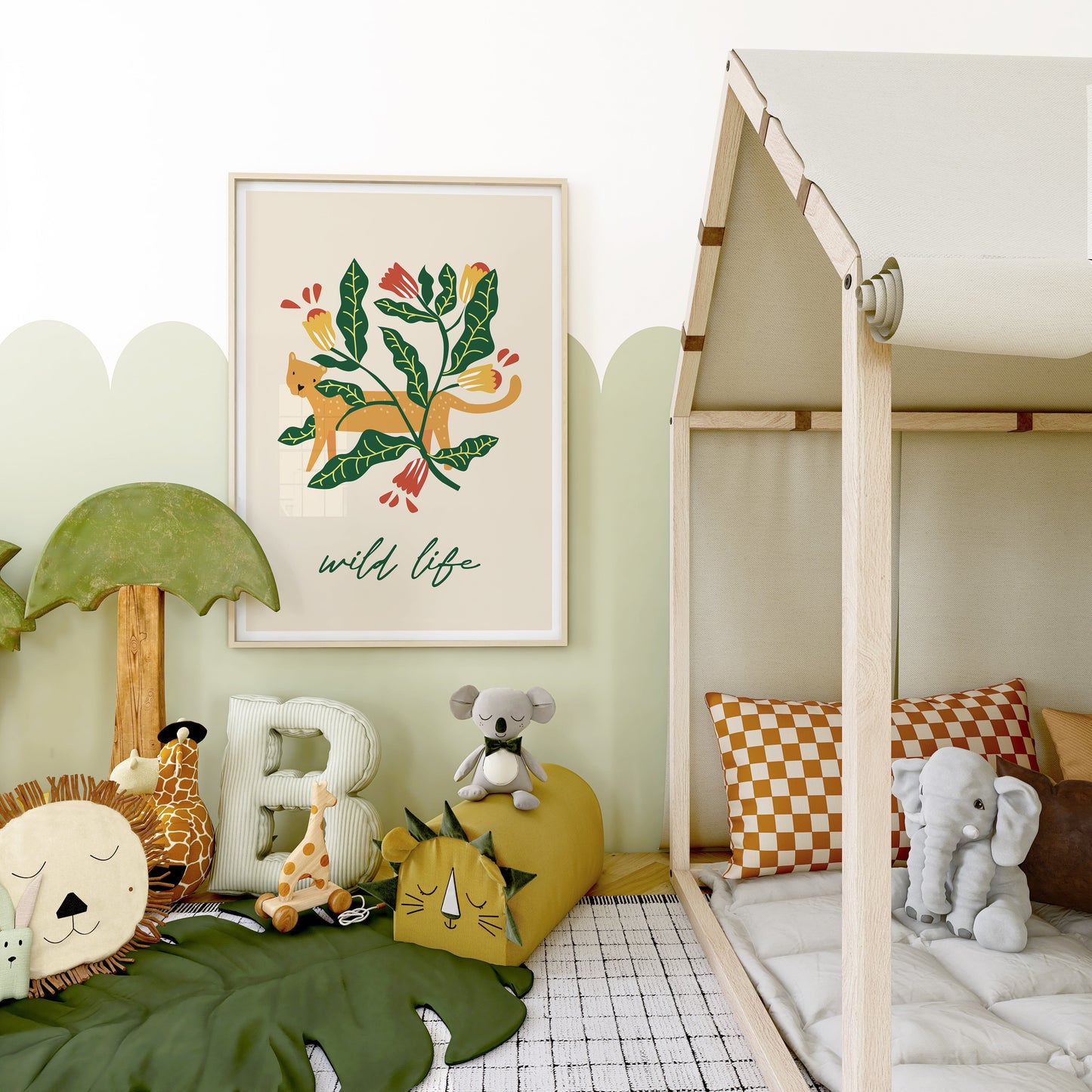 a child's bedroom with a canopy bed and stuffed animals