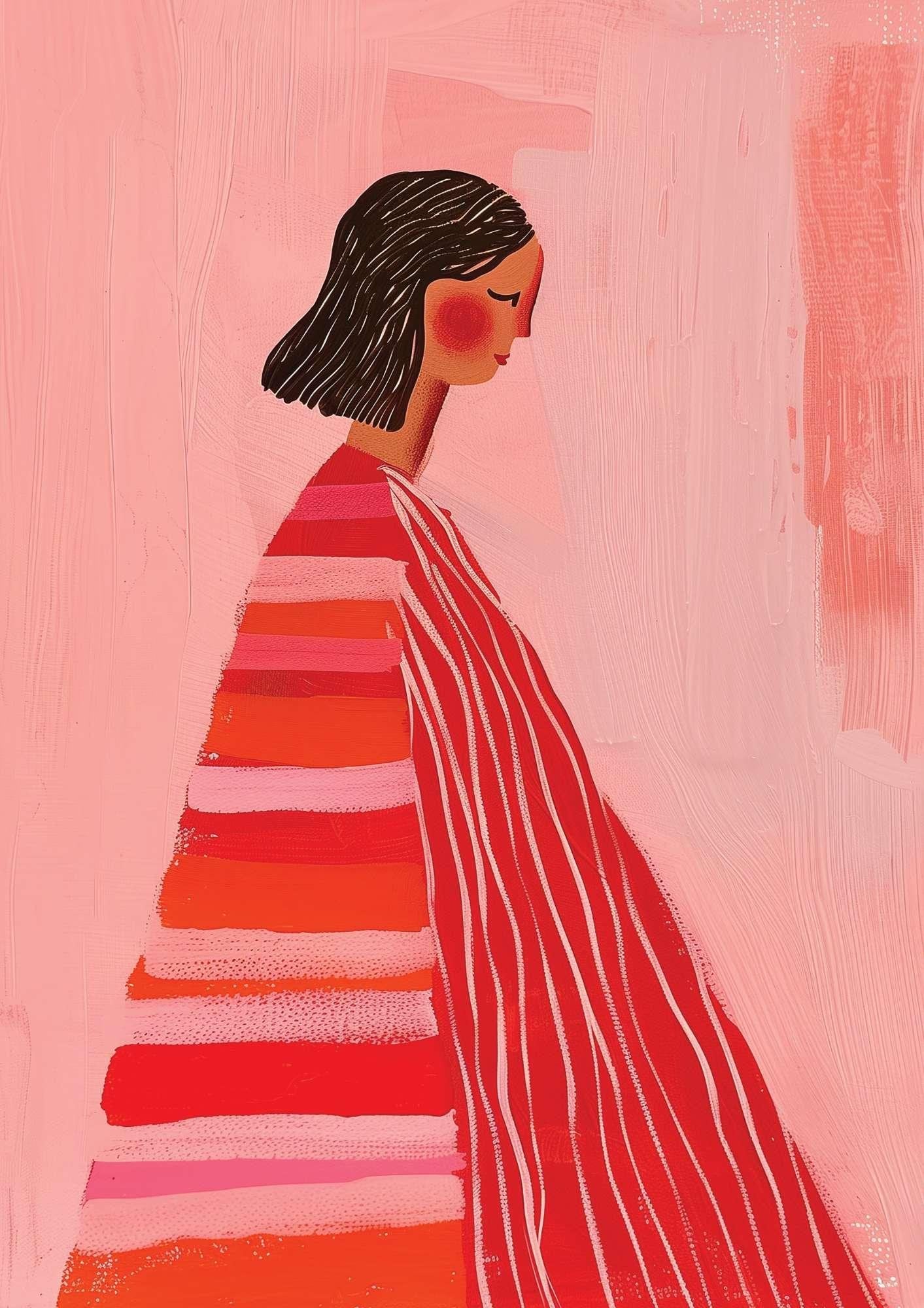 Women with Pink Stripe Dress Art Print-Skudaboo