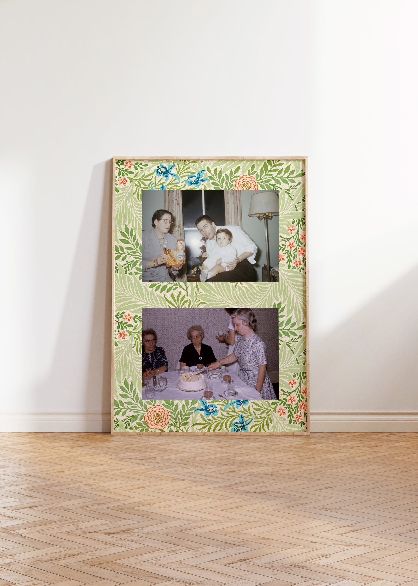a picture frame sitting on top of a hard wood floor
