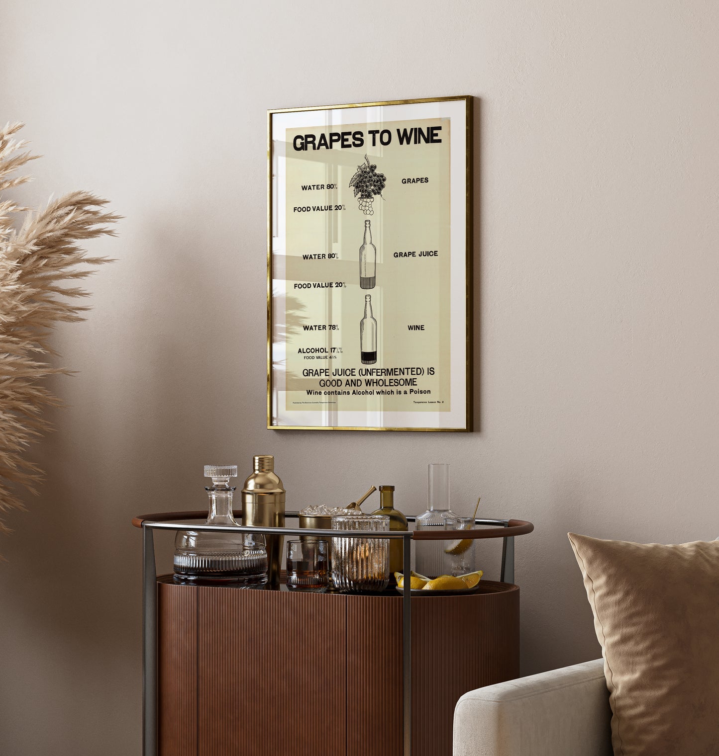 a poster of grapes to wine hangs on a wall