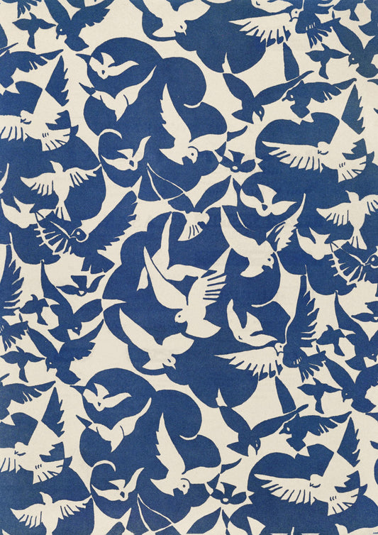 a blue and white pattern with birds on it