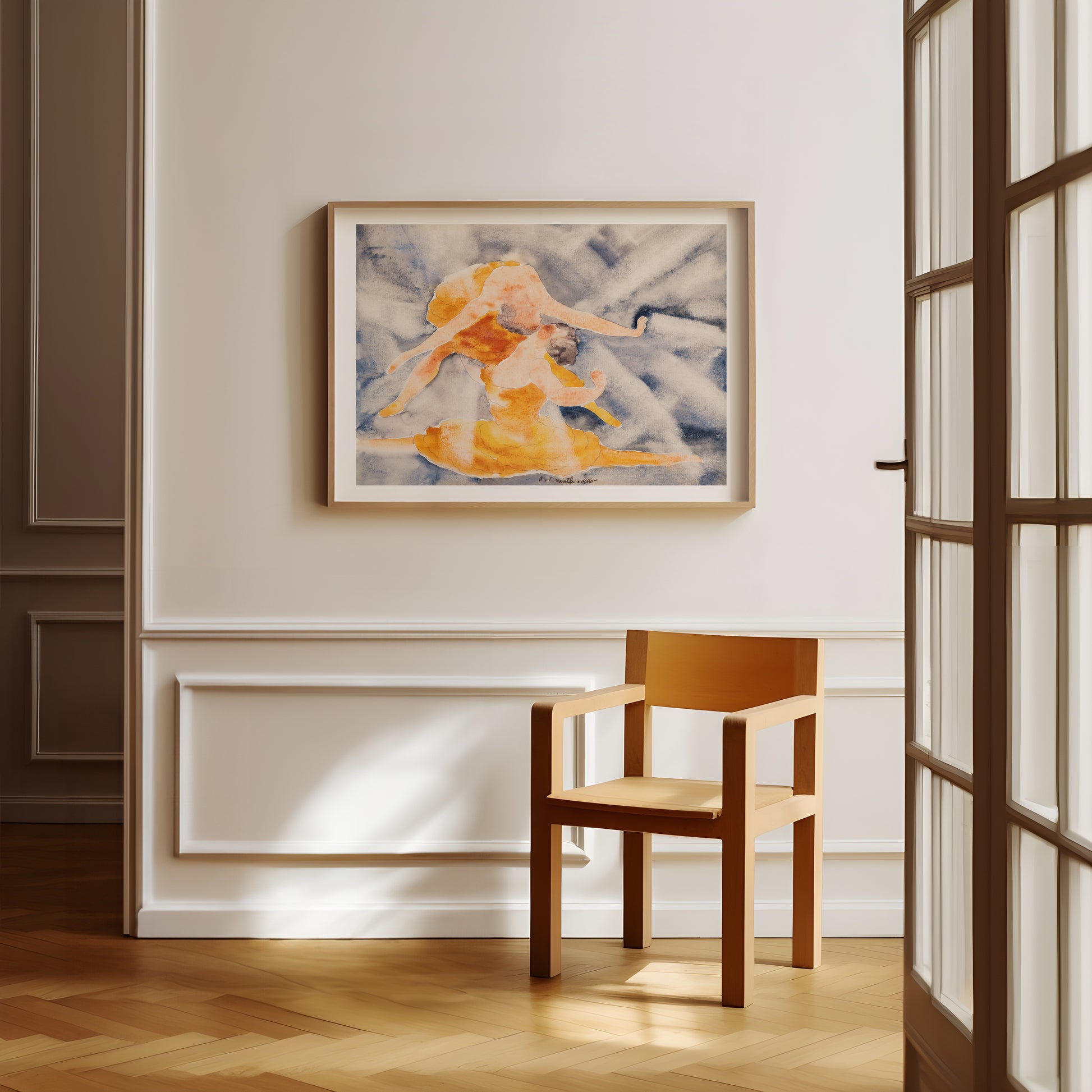 a room with a chair and a painting on the wall