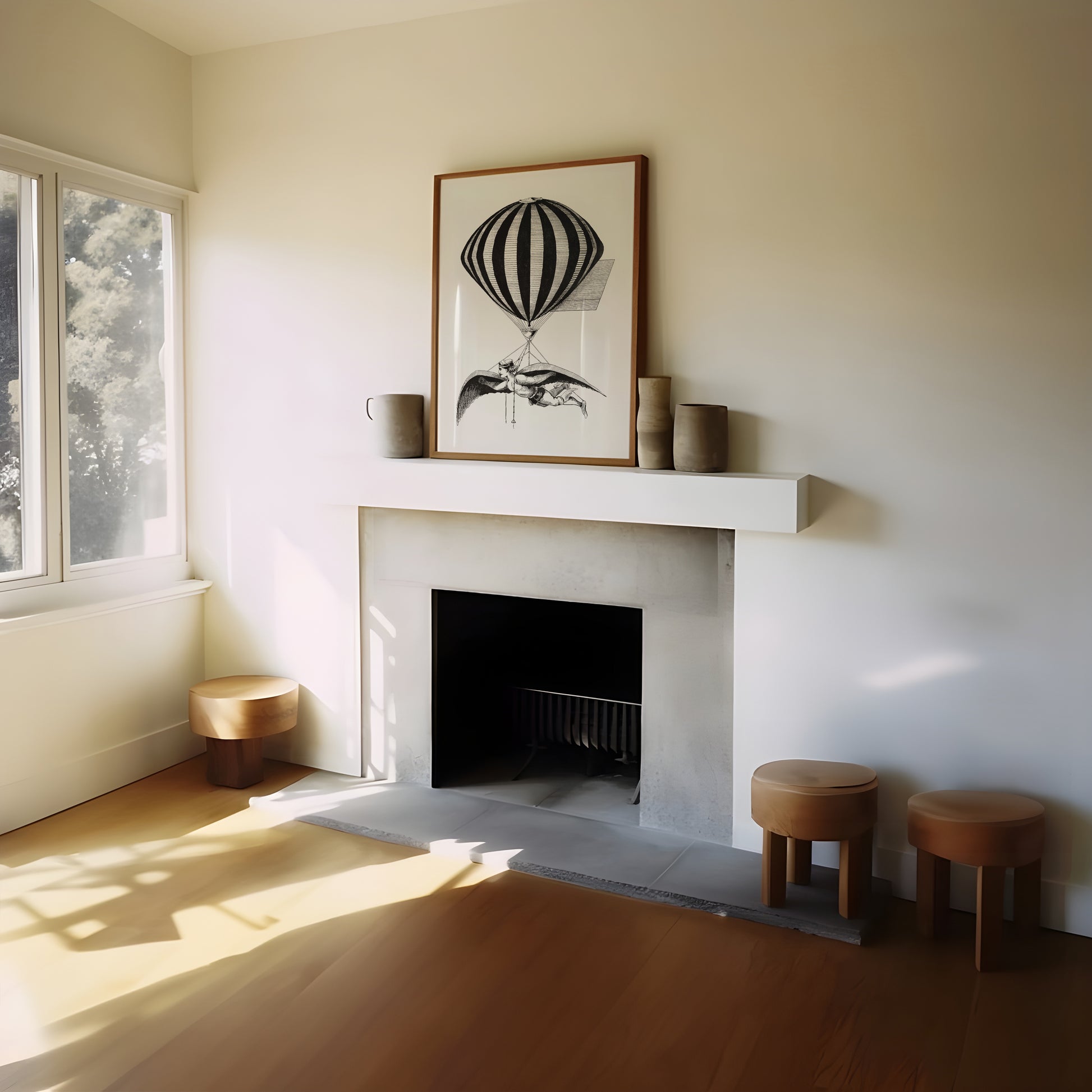 a picture of a hot air balloon above a fireplace