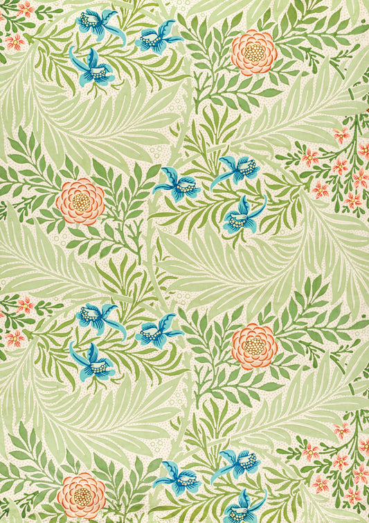 a green and blue floral wallpaper with pink and blue flowers