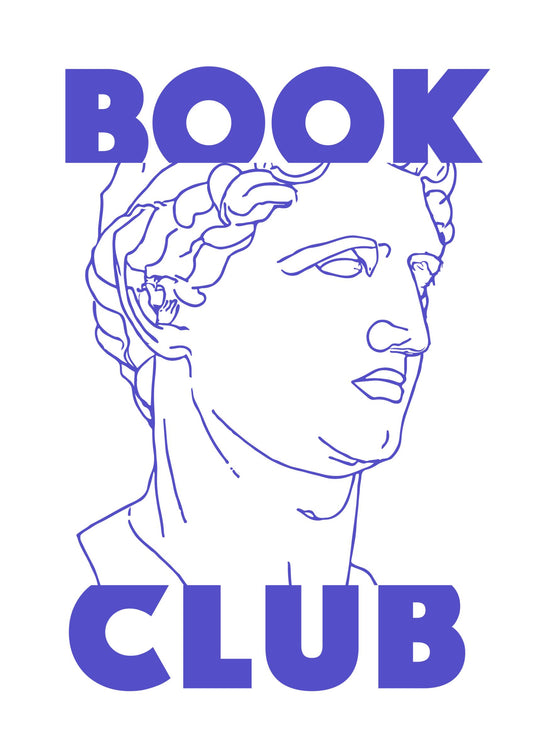 a drawing of a bust of a man with the words book club
