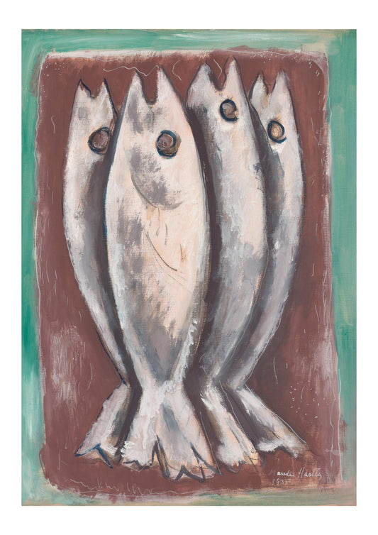 a painting of three fish on a brown background