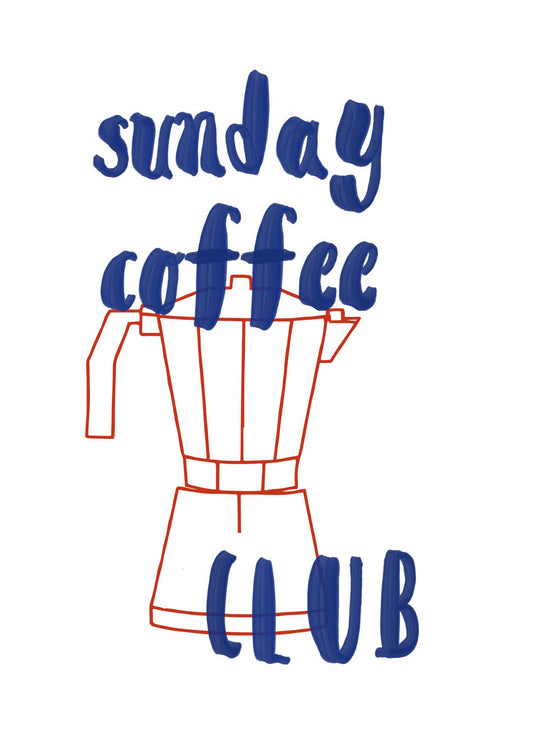 a drawing of a coffee maker with the words sunday coffee club