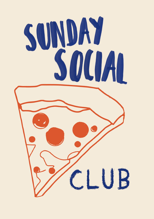 a piece of pizza with the words sunday social club on it