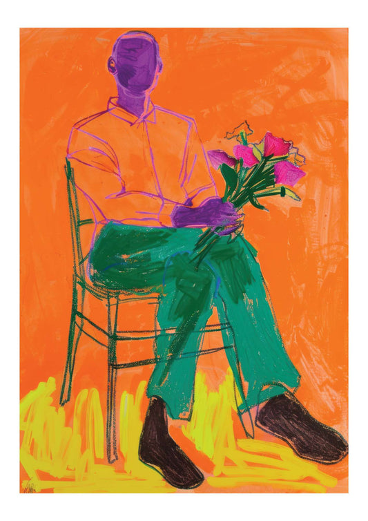 a drawing of a man sitting on a chair with flowers