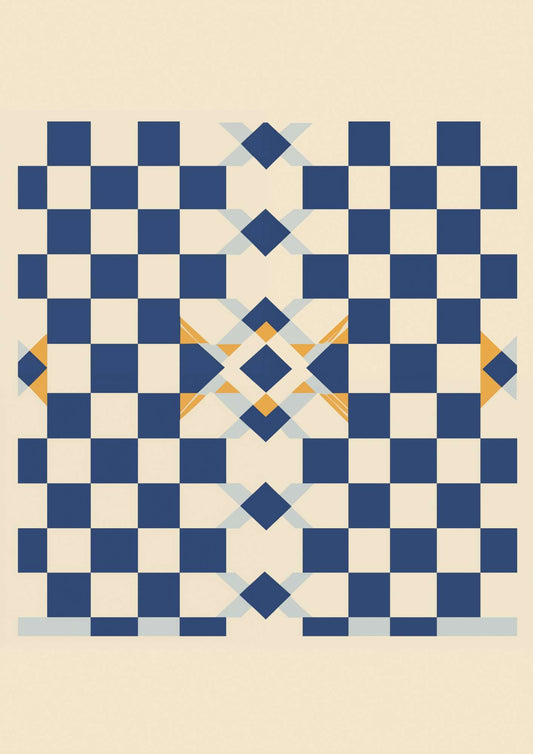 a blue and white checkered pattern on a wall