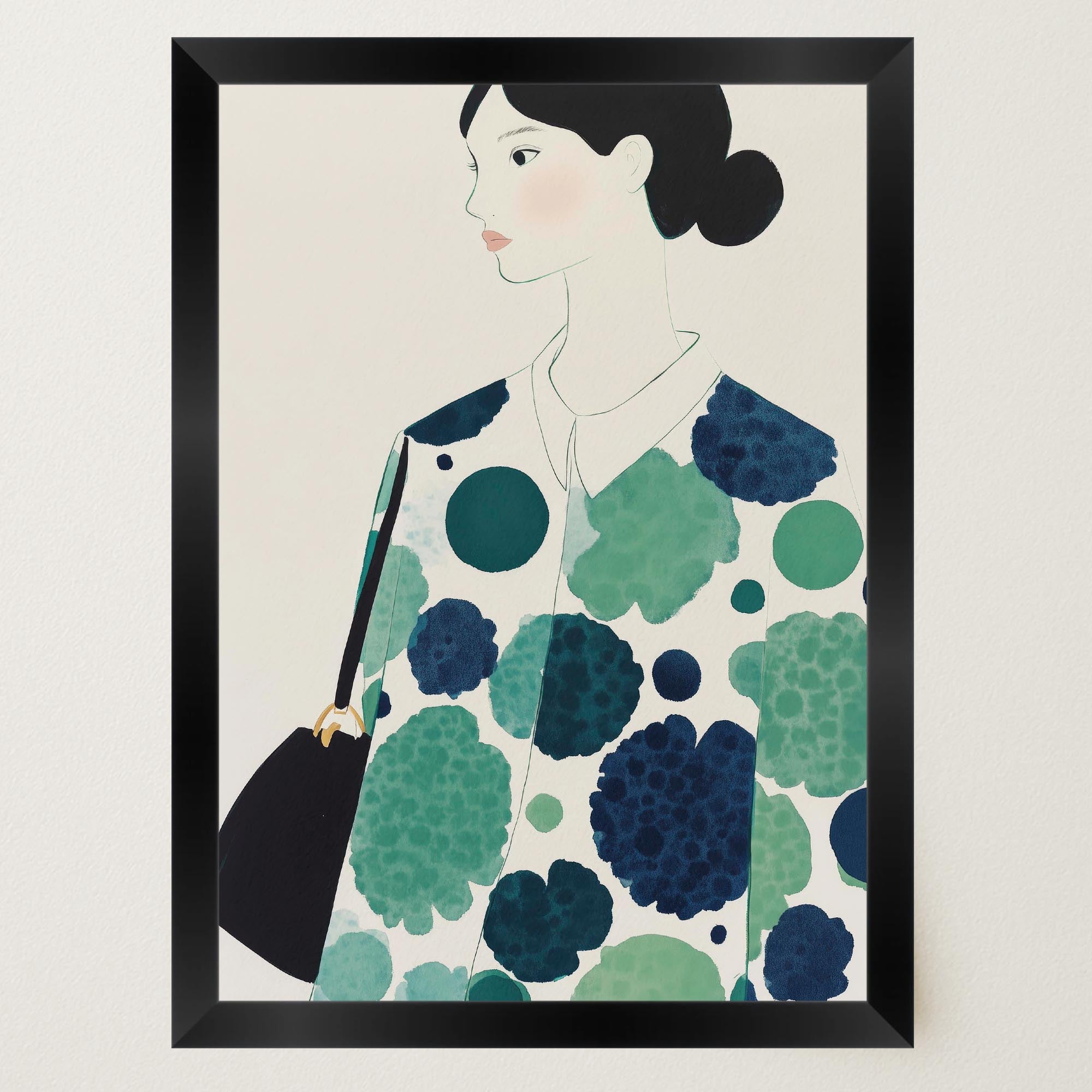 Woman in Green Pattern Dress Portrait Wall Art Print-Skudaboo