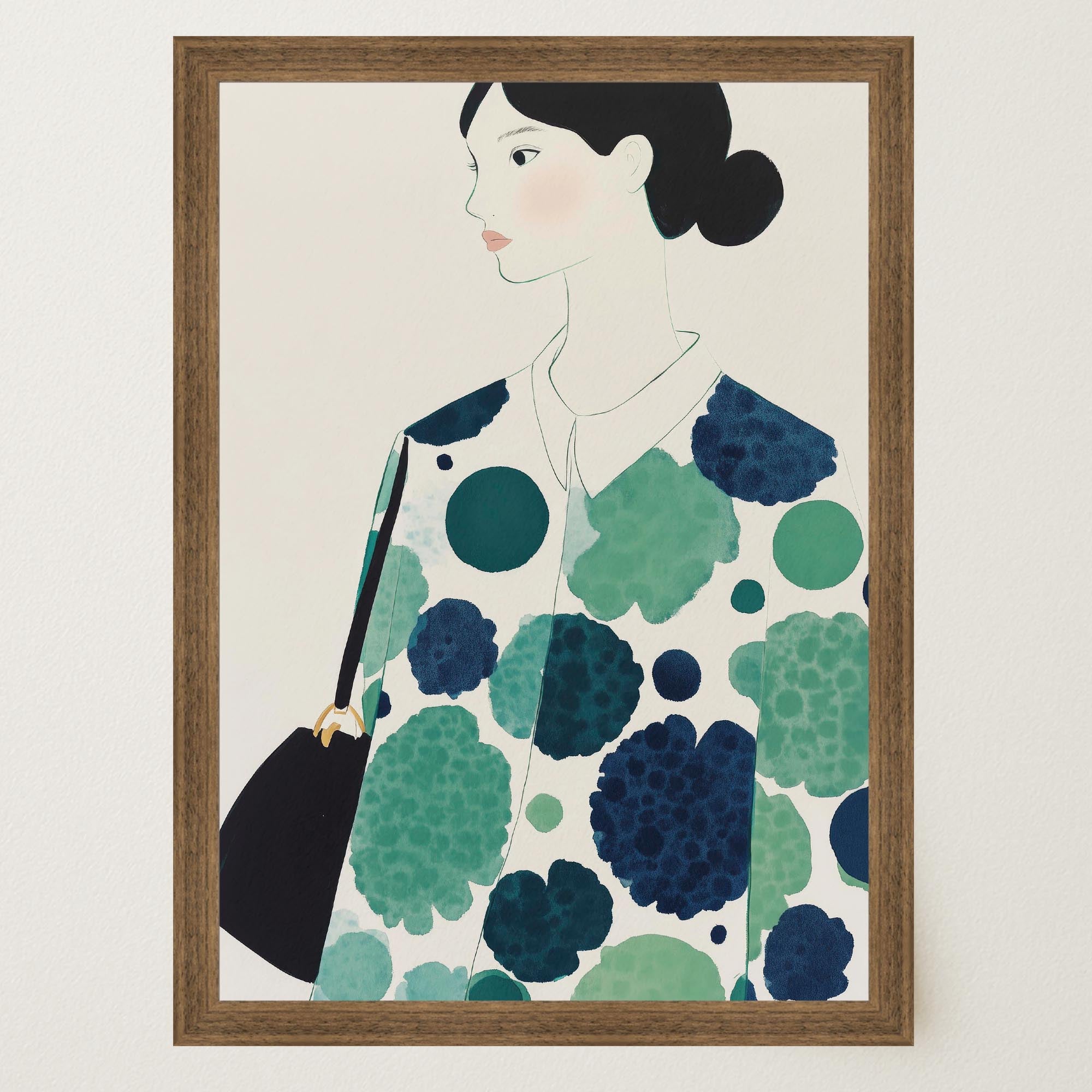 Woman in Green Pattern Dress Portrait Wall Art Print-Skudaboo