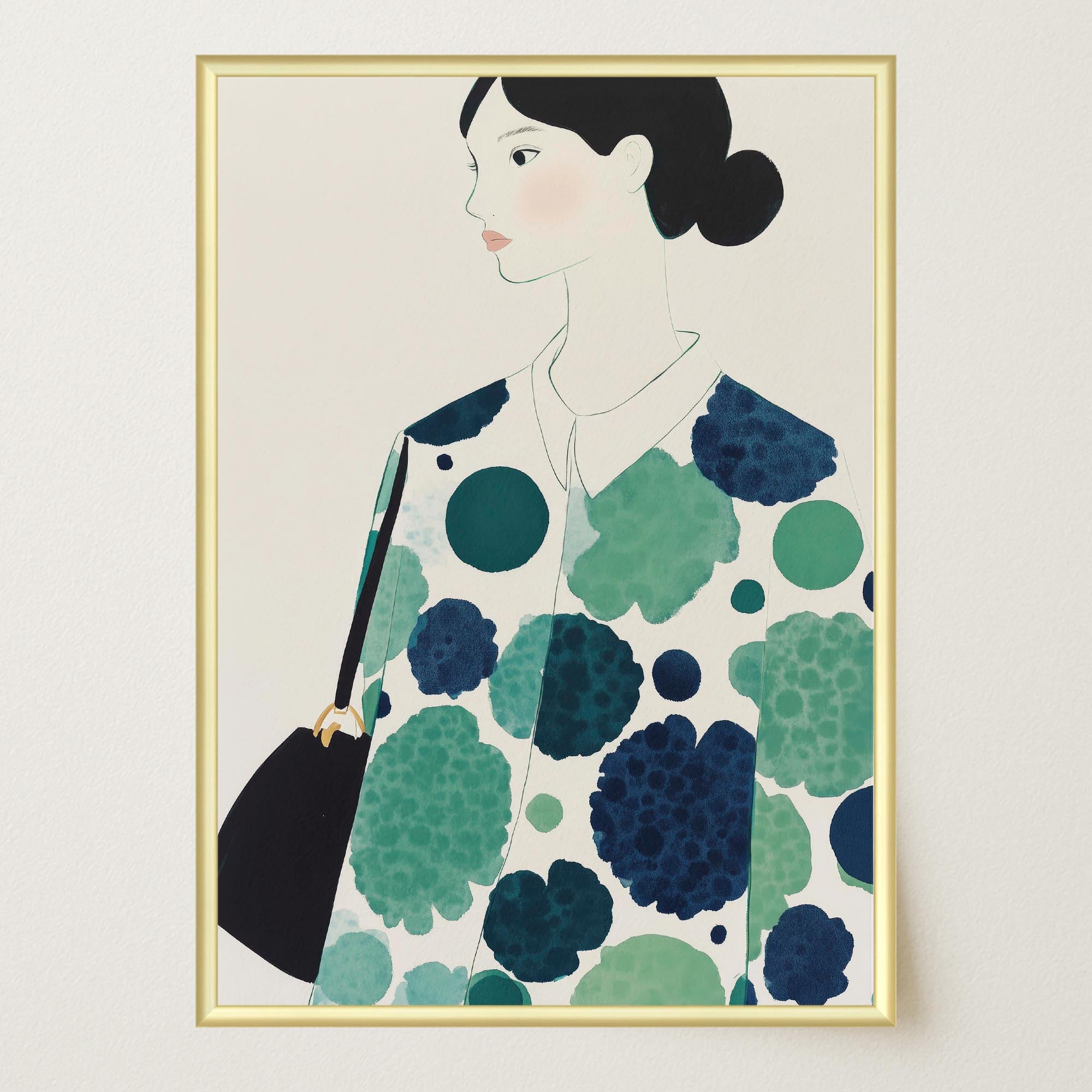 Woman in Green Pattern Dress Portrait Wall Art Print-Skudaboo