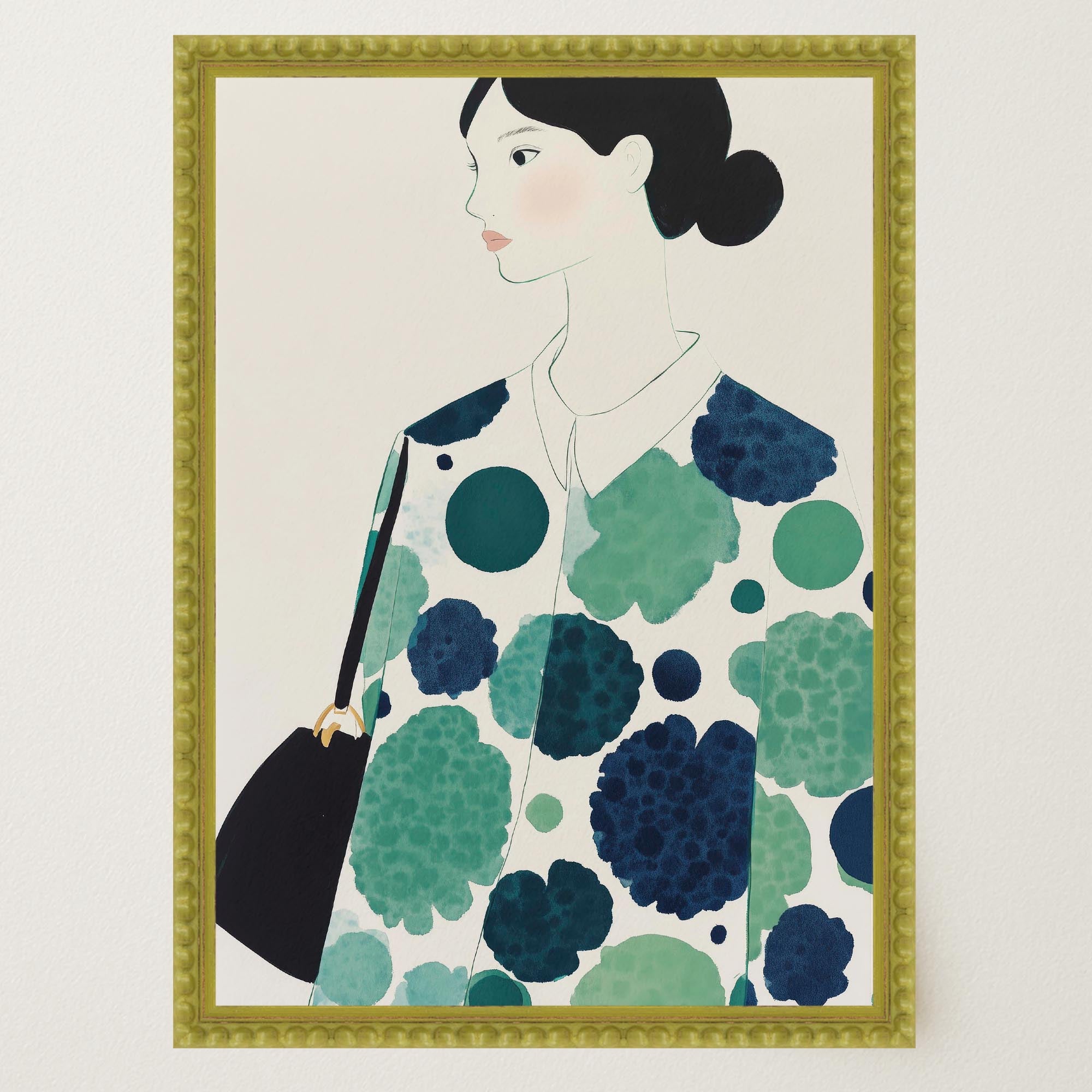 Woman in Green Pattern Dress Portrait Wall Art Print-Skudaboo