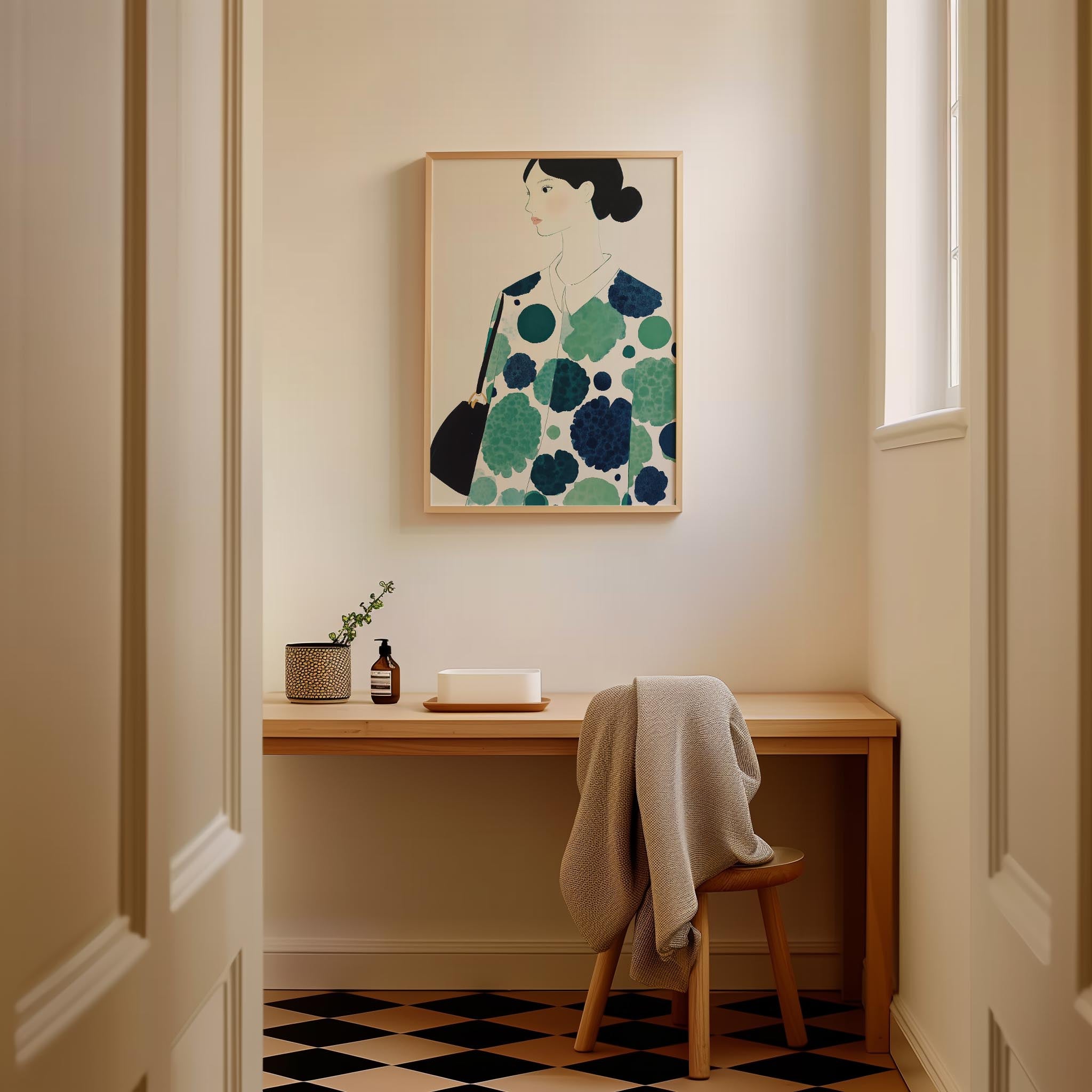 Woman in Green Pattern Dress Portrait Wall Art Print-Skudaboo